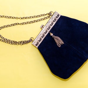 Vintage 1970s Black Suede Handbag with Chain Strap and Tassel