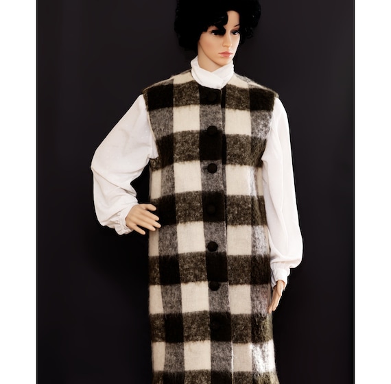 Vintage 1960s Wool Dress | Checked Olive and Crea… - image 1