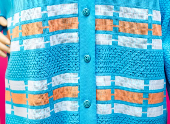 Vintage 1970s Turquoise and Orange Cardigan | Lar… - image 4