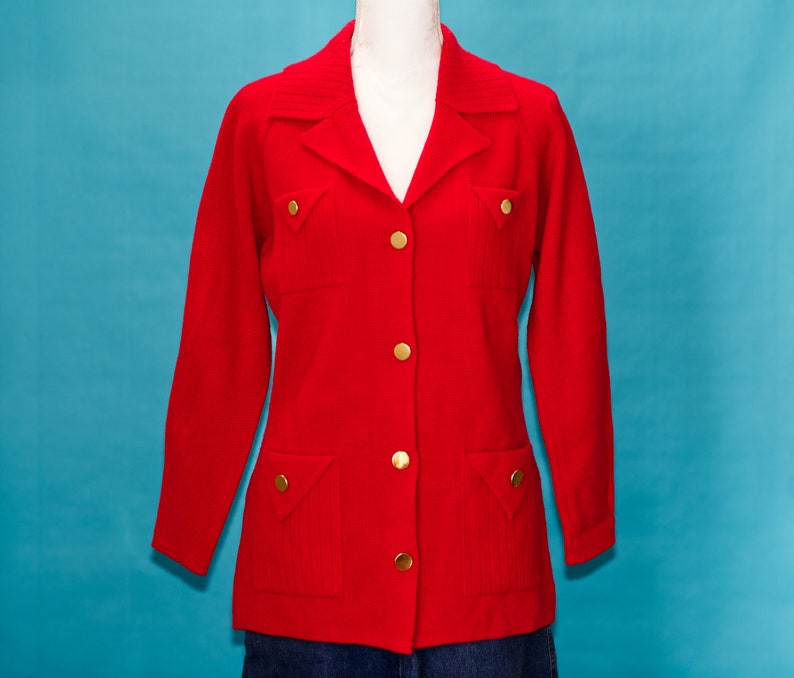 Vintage 1970s Red Sweater Cardigan Blazer Medium image 2