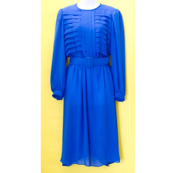 Vintage 1980s Royal Blue Pleated Blouse Dress | L… - image 2