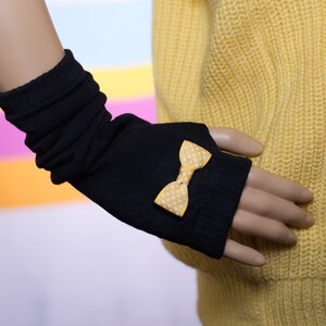 Black Arm Warmers with A Yellow Bow / Fingerless Gloves image 1