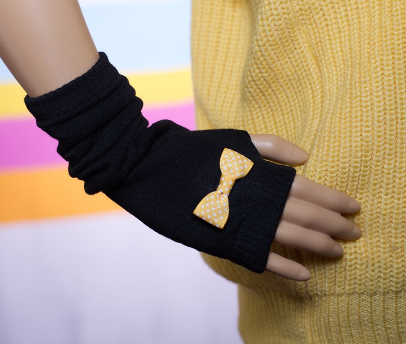 Black Arm Warmers with A Yellow Bow / Fingerless Gloves image 1