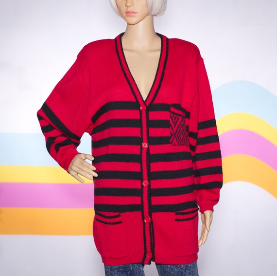 Vintage 1980s Red and Black Oversized Cardigan | … - image 2