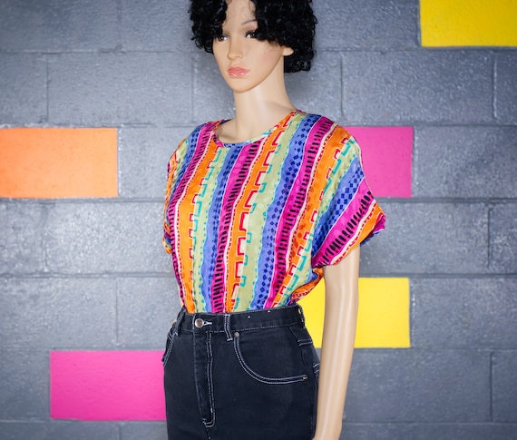 Vintage 1980s Colorful Silk Blouse | Large | 10 - image 1