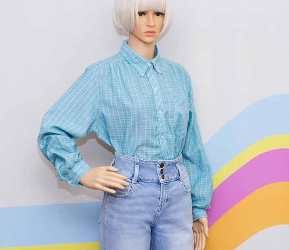 Vintage 1980s Aqua Plaid Button-Up Shirt | Medium… - image 1