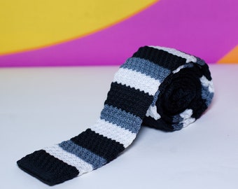 Retro Knit Necktie Black White Gray Striped