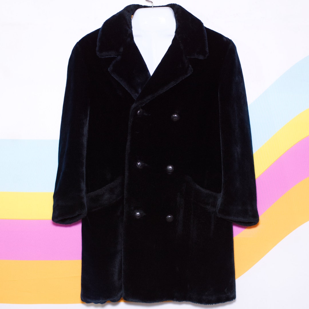 Vintage 1960s Black Wool Faux Fur Trim Coat | M/L