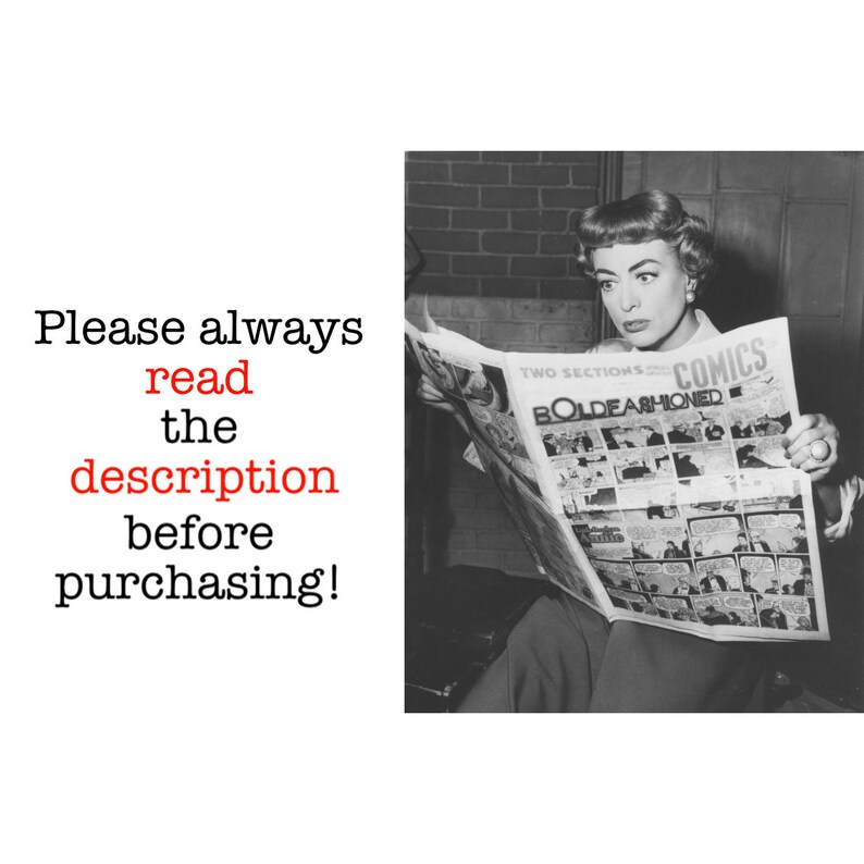 Puede incluir: Imagen en blanco y negro de una mujer leyendo un peri&oacute;dico con el titular "COMICS". El texto "Please always read the description before purchasing!" est&aacute; en el lado izquierdo de la imagen.