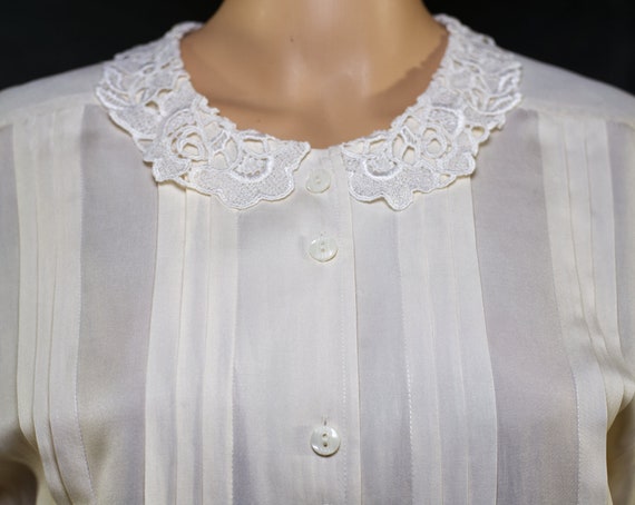 Vintage 1980s Lace Collar Ivory Blouse | Medium |… - image 4