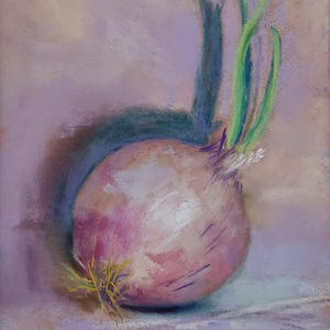 Still Life of Sprouting Onion, Small Still life, matted, ready to frame, original painting