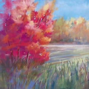 May include: An oil painting depicting a landscape with vibrant red and orange autumn trees in the foreground, a light-colored field in the middle ground, and a soft blue sky above, rendered with visible, textured brushstrokes throughout.