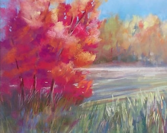 Fall Landscape Painting, Maple Trees, Square Format, 8 by 8 inches, Original Pastel Painting