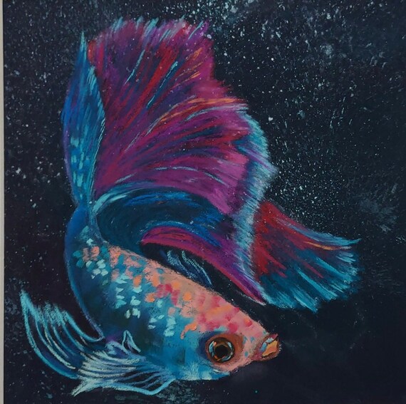 Deep Sea Fish Painting: Beta fish, Pastel & India Ink Original Art, 8x10