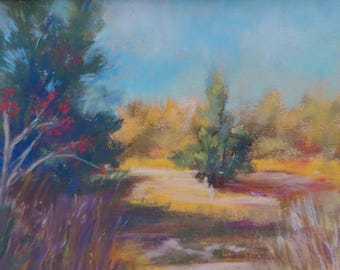 Pintura de paisaje, Otoño en Texas, pintura original, con paspartú, lista para enmarcar.