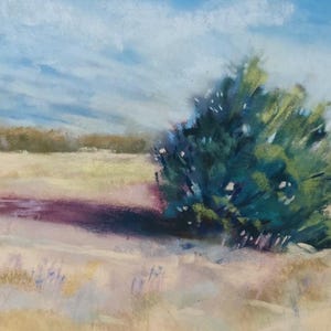 May include: A pastel painting of a landscape with a single, large, dark green bush in the foreground. The bush is in the center of the image and is surrounded by a light brown field. The sky is a light blue with white clouds.