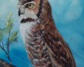 Owl Painting, Owl with Teal Sky, Original Painting, Pastel Art, 8 by 10 inches