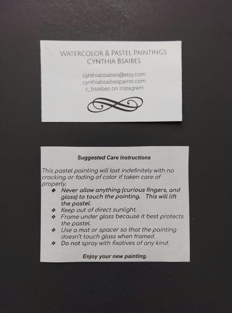 Puede incluir: Dos tarjetas blancas con texto negro sobre un fondo oscuro. La tarjeta superior dice "WATERCOLOR & PASTEL PAINTINGS CYNTHIA BSAIBES" con informaci&oacute;n de contacto. La tarjeta inferior proporciona instrucciones de cuidado de la pintura pastel.