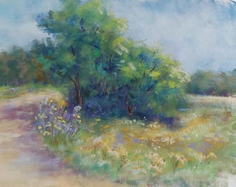 Pintura de paisaje de Texas en primavera, paisaje del oeste americano, 8 x 10 pulgadas, pintura original al pastel.
