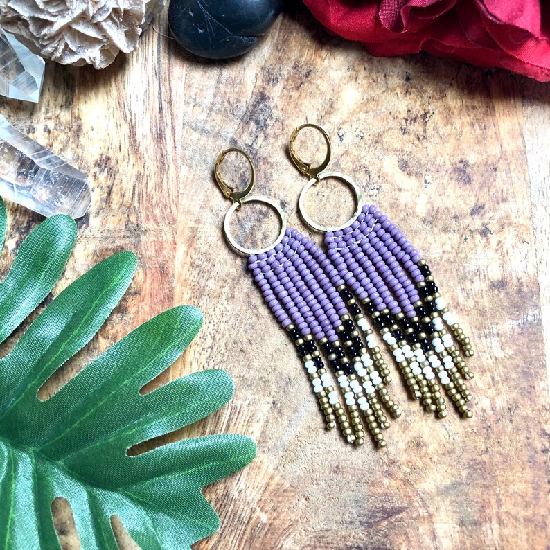 Brass Earrings Beaded Earrings Circle Earrings Seed Bead Fringe Earrings Fringe Earrings Boho Earrings