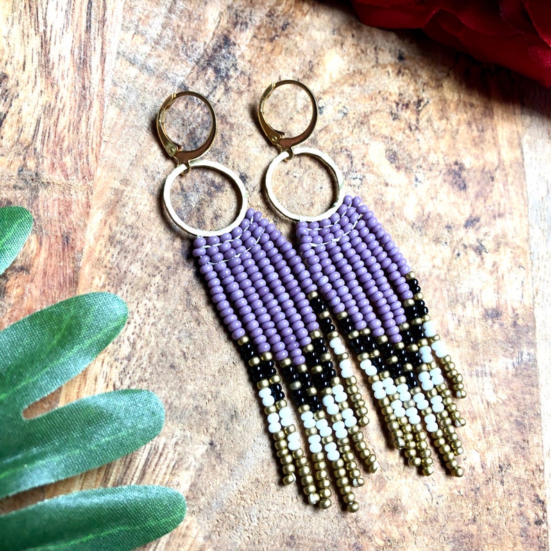 Brass Earrings Beaded Earrings Circle Earrings Seed Bead Fringe Earrings Fringe Earrings Boho Earrings