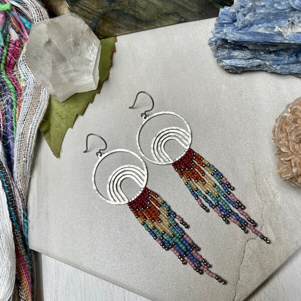 Rainbow Earrings/Rainbow Jewelry/Brass Earrings/Silver Earrings/Fringe Earrings/Beaded Earrings/Hippie Earrings