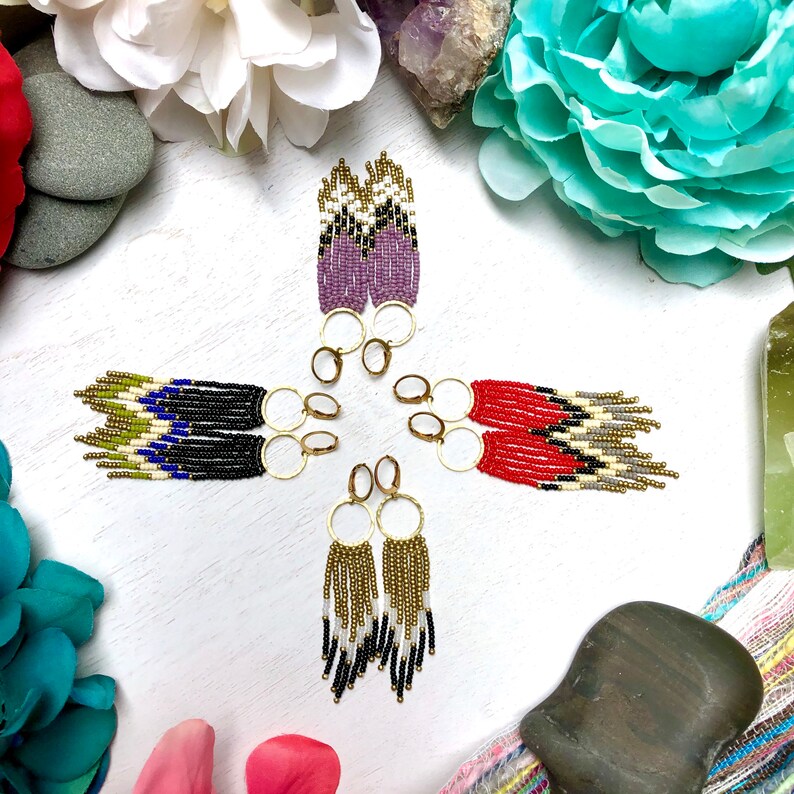 Brass Earrings Beaded Earrings Circle Earrings Seed Bead Fringe Earrings Fringe Earrings Boho Earrings