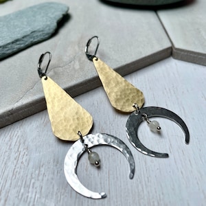 Moon Earrings/Crescent Moon Earrings/Mixed Metal Earrings/Mixed Metal Jewelry/Moonstone Earrings/Geometric Earrings/Moonstone Jewelry