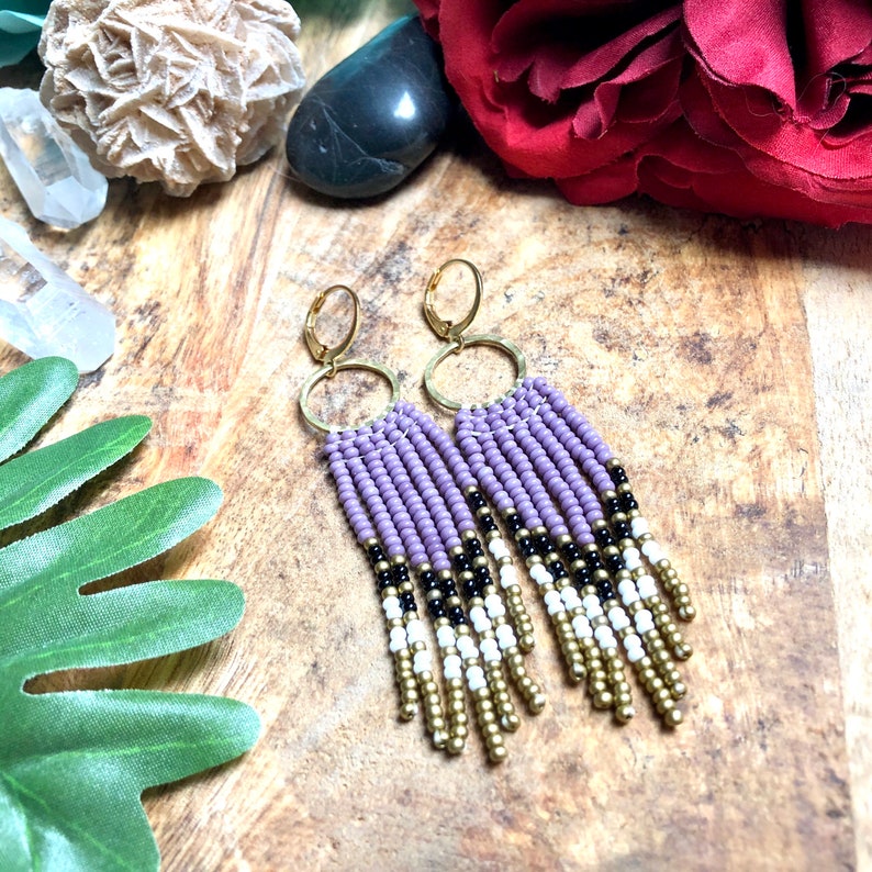 Brass Earrings Beaded Earrings Circle Earrings Seed Bead Fringe Earrings Fringe Earrings Boho Earrings
