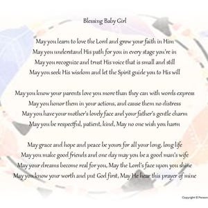 Rijmende babymeisje zegen voor oudertoewijding, babydoop, babydouche, gebed voor kleintje, dooplezing voor God-ouder
