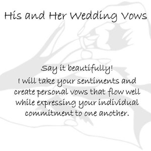 Może przedstawiać: Czarno-białe zdjęcie dwóch splecionych dłoni, z tekstem "His and Her Wedding Vows" u góry i "Say it beautifully! I will take your sentiments and create personal vows that flow well while expressing your individual commitment to one another." na dole.