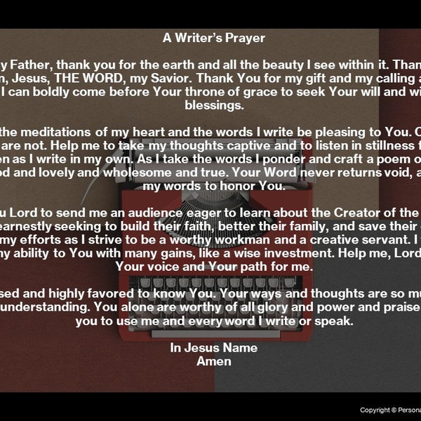 A Writer's Prayer, Asking God to Bless the Words I Write, Christian Author's Plea for Wisdom and Blessings, Wall Art for Wordsmiths