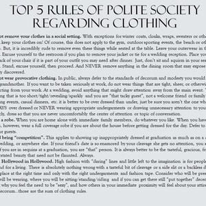 May include: A black and white text document with the title "Top 5 Rules of Polite Society Regarding Clothing". The document lists five rules of etiquette for dressing in social situations.