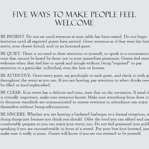 Hospitality Matters, George Washington's Rules of Civility, Number Eight, Hostess Tips to Make Guests Feel Welcome, Good Behavior, Etiquette