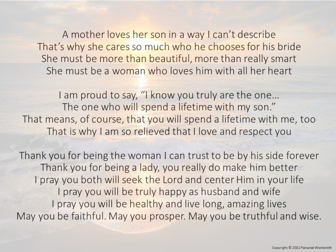 Future Daughter in Law Poem, Mother of Groom Poetry, Wedding Speeches