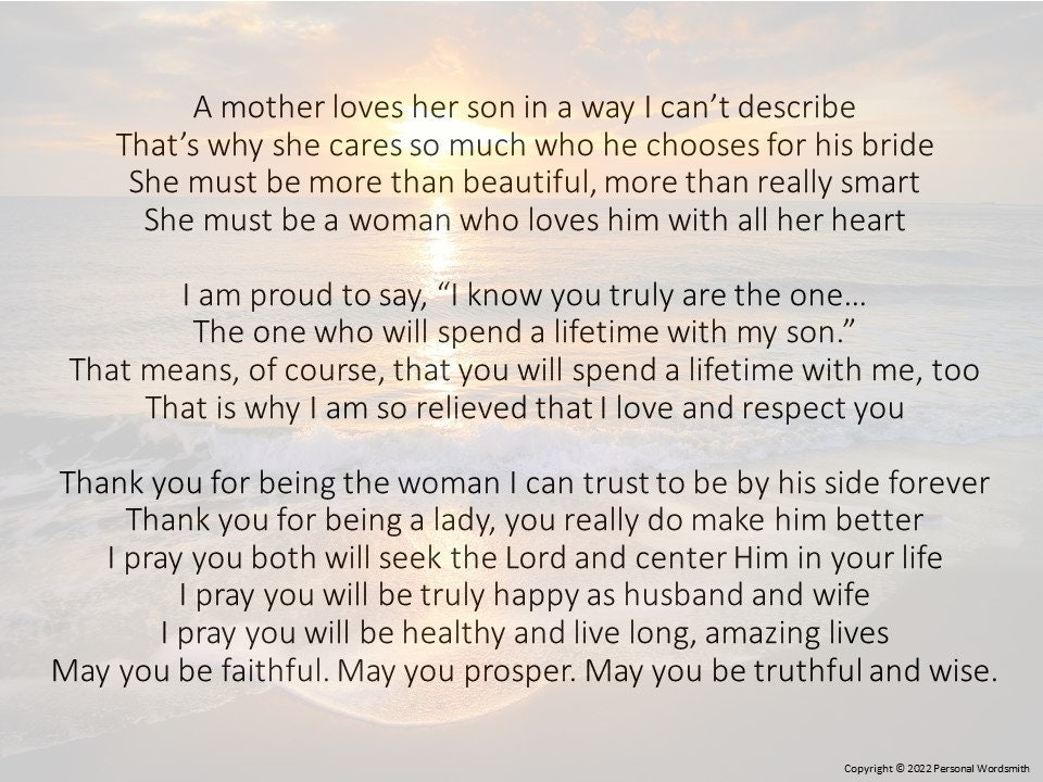 Future Daughter in Law Poem, Mother of Groom Poetry, Wedding Speeches Digital Download, Mom of