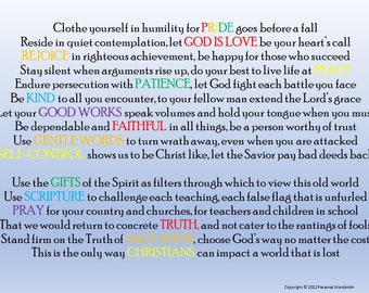 Geschenke des Geistes Gedicht, druckbare christliche Poesie, Download Kriegsraum Lesung, Frucht des Geistes, Demut, Inspirational Poster