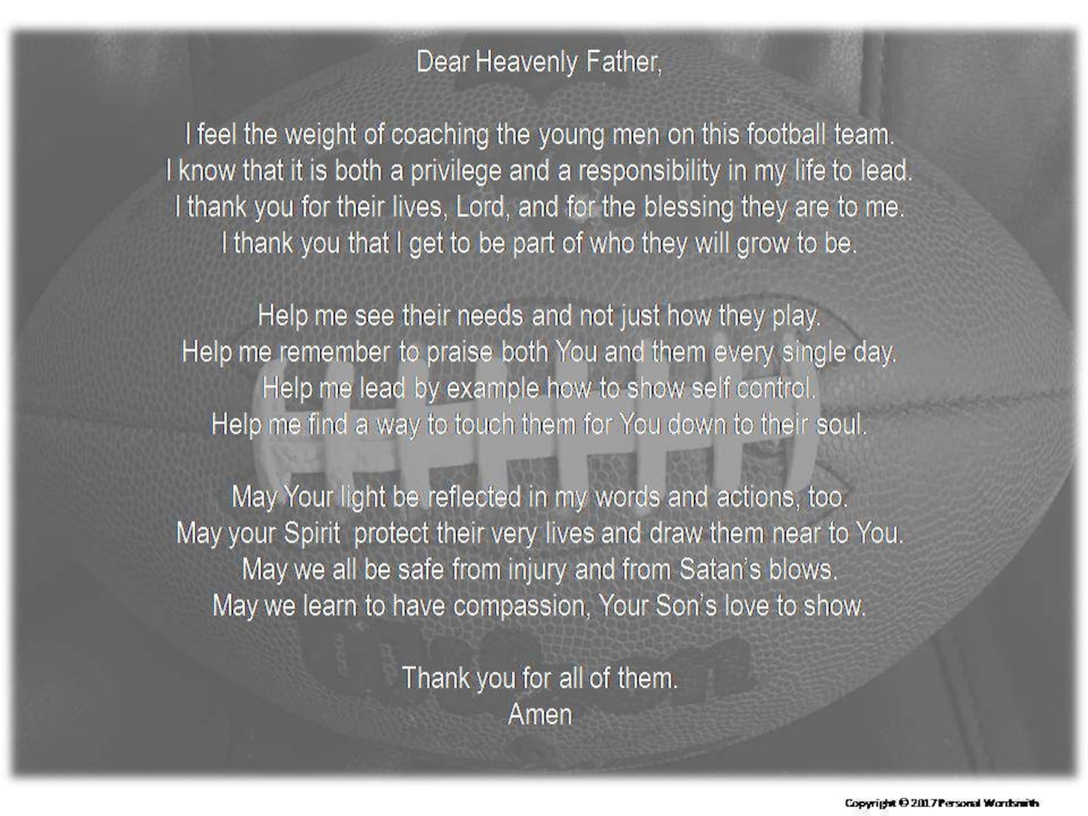 Football Coach's Prayer Digital Print, Downloadable Prayer for Christian Coach, Digital Download