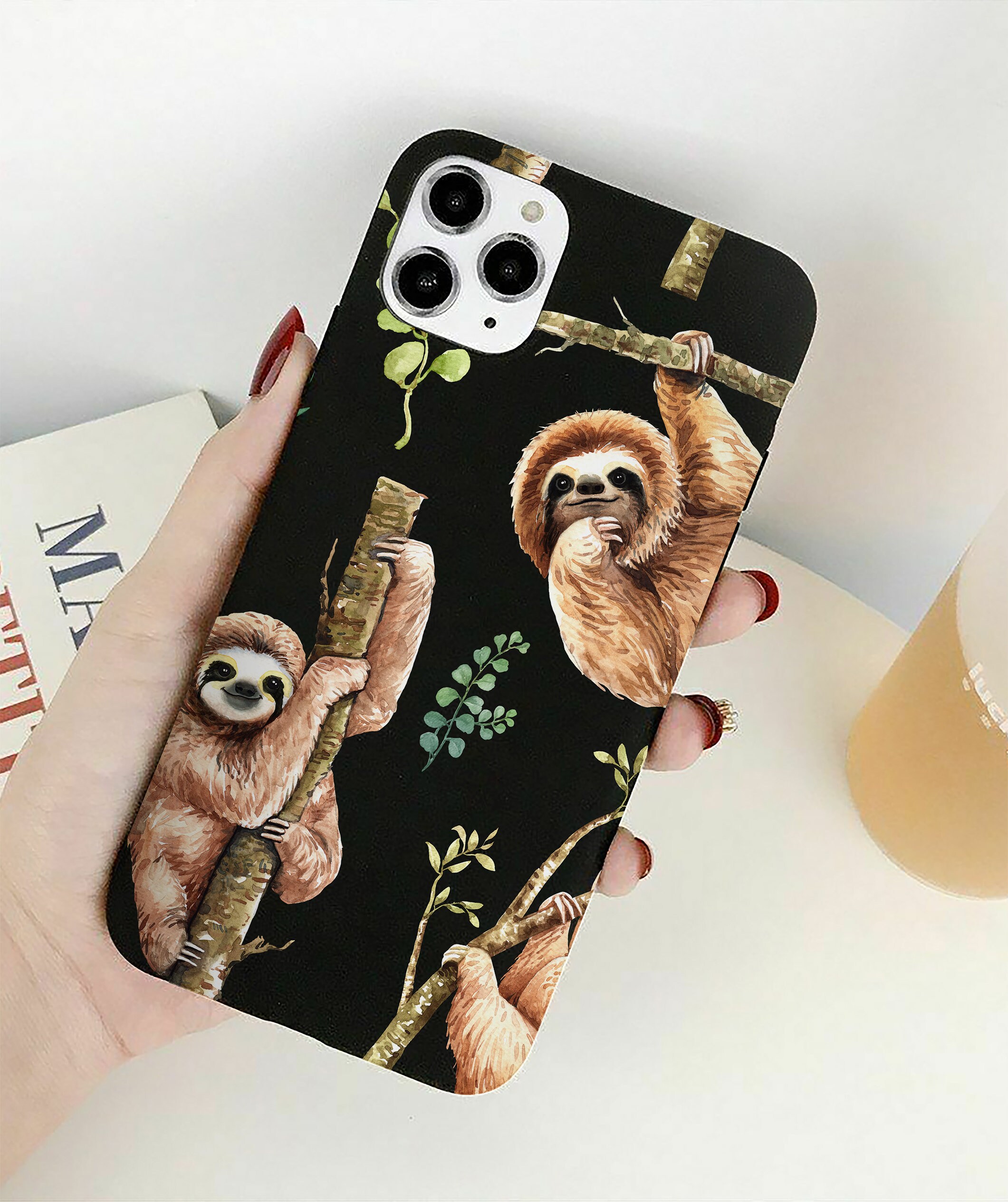 Eco Friendly Sloth cute phone case design Black Eco Friendly phone case Black case iPhone 11 12 13 14 15 Pro Max X XR Mini 7 8 SE Plus