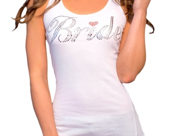 White Wedding Tank Top with Rhinestone Bride and Red Heart