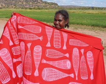 Mandjabu (Fish Trap) Screen-Printed On Cotton Linen | Indigenous Art, First Nations Craft, Aboriginal Art, Injalak Fabric