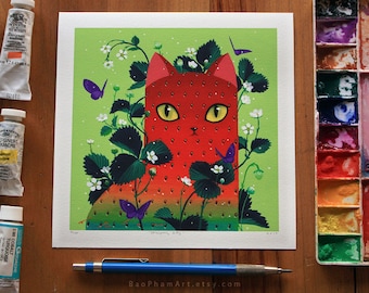 Strawpurry Kitty - 7"x7" Limited Edition Print