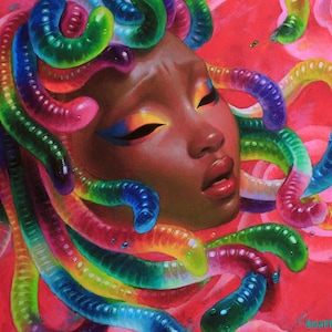 May include: A vibrant painting of a woman's face with colorful, worm-like hair. The artwork features a red background with pink floral elements. The woman's skin is brown, and her makeup includes yellow and blue eyeshadow. The image is a close-up portrait.