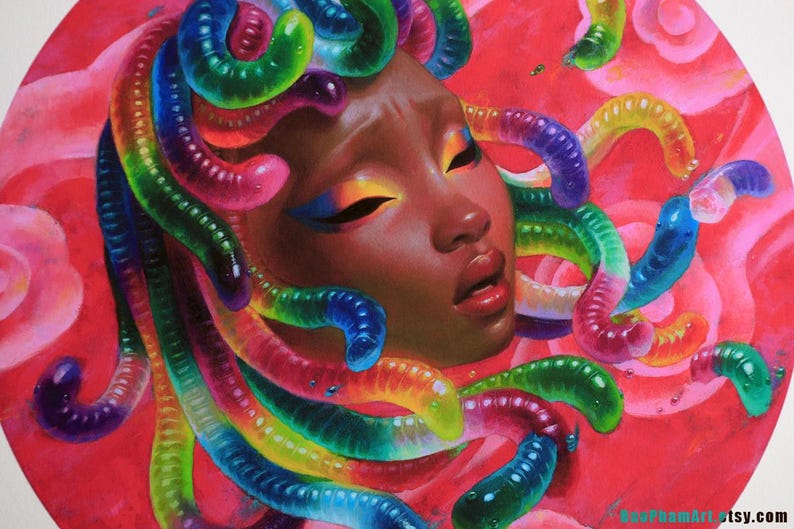 May include: A vibrant painting of a woman's face with colorful, worm-like hair. The artwork features a red background with pink floral elements. The woman's skin is brown, and her makeup includes yellow and blue eyeshadow. The image is a close-up portrait.