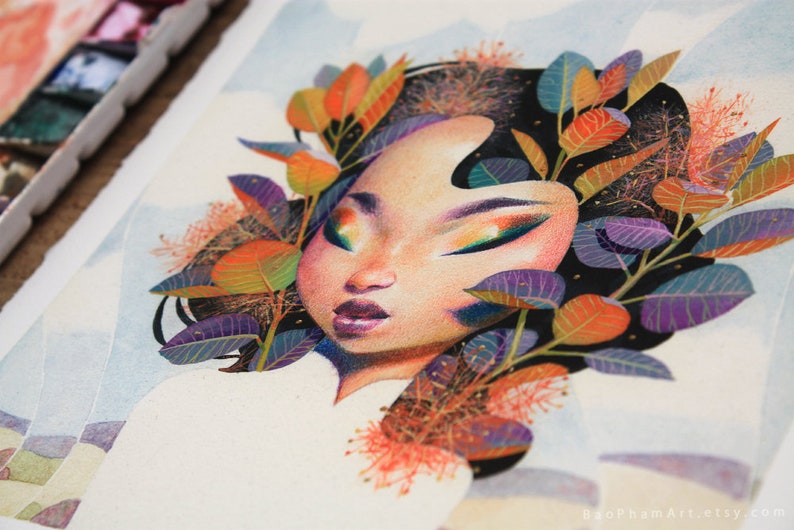 May include: Watercolour painting of a woman's face with colourful leaves and flowers around her head. The woman has dark hair, brown eyes, and pink lips. The leaves are shades of green, orange, and purple.