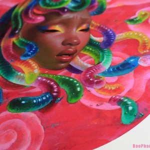 May include: A vibrant artwork featuring a woman's face with closed eyes, surrounded by colorful, worm-like tendrils. The background is a rich red with soft, rose-like shapes. The color palette includes shades of red, blue, green, yellow, and pink.