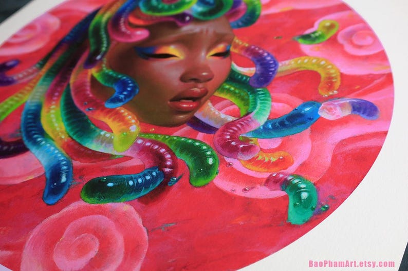 May include: A vibrant artwork featuring a woman's face with closed eyes, surrounded by colorful, worm-like tendrils. The background is a rich red with soft, rose-like shapes. The color palette includes shades of red, blue, green, yellow, and pink.