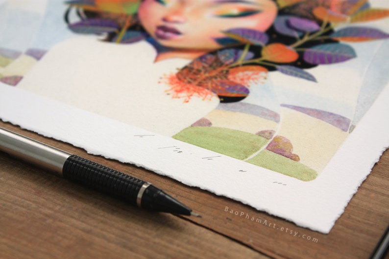 May include: A watercolour painting of a woman with colourful flowers and leaves in her hair. The background is a soft blue and green landscape with hills and a few small trees. The painting is signed "BaoPhamArt.etsy.com" in the bottom right corner.