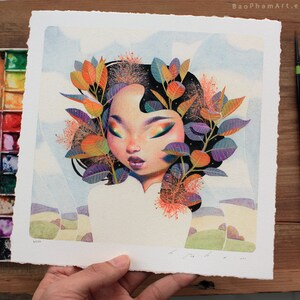 May include: A watercolour painting of a woman with a crown of orange, purple and green leaves. The woman has dark hair and closed eyes. The background is a soft blue with a hint of green.