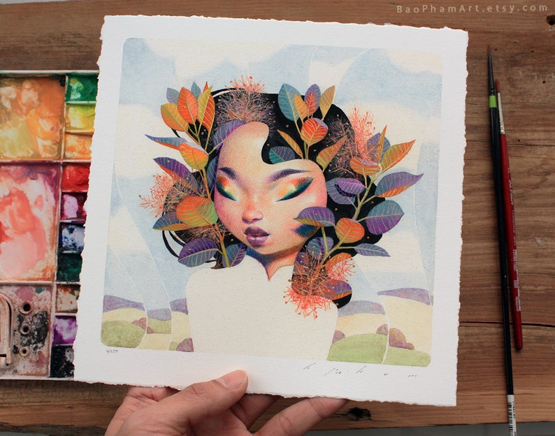May include: A watercolour painting of a woman with a crown of orange, purple and green leaves. The woman has dark hair and closed eyes. The background is a soft blue with a hint of green.